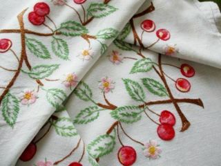VINTAGE TABLECLOTH HAND EMBROIDERED CHERRIES & CHERRY BLOSSOM - LINEN 4
