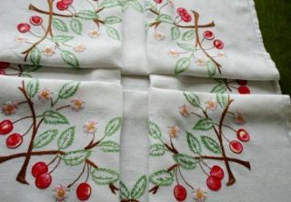 VINTAGE TABLECLOTH HAND EMBROIDERED CHERRIES & CHERRY BLOSSOM - LINEN 5