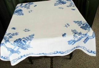 Vintage Tablecloth Hand Embroidered Willow Pattern - Linen