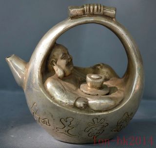 Collectable Handwork Art Miao Silver Carve Sleep Wealthy Buddha Exorcism Tea Pot