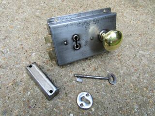 Salvaged Art Deco 1921 Door Rim Lock Brass Handle Keep Key Set - Letter Box Knob