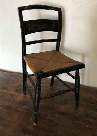 Antique Hitchcock Side Chair Rush Seat Stenciling Turtle Back Black Painted