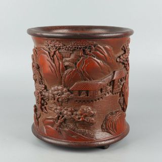 Chinese Exquisite Hand - Carved Landscape People Carving Bamboo Brush Pot
