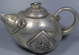 Old Collectable Souvenir Ancient Art Tibet Miao Silver Carve Zodiac Mice Teapot
