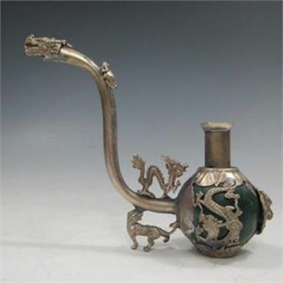 Collectible Chinese Silver Copper Inlaid Jade Handmade Dragon Smoke Pipe