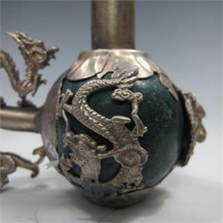 COLLECTIBLE CHINESE SILVER COPPER INLAID JADE HANDMADE DRAGON SMOKE PIPE 2