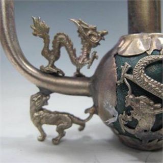 COLLECTIBLE CHINESE SILVER COPPER INLAID JADE HANDMADE DRAGON SMOKE PIPE 3