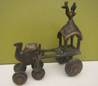 Old Brass Camel With Cart & Cockerel - Unknown Origin Or Age