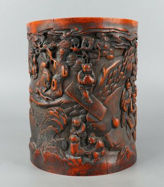 Chinese Exquisite Hand - carved the ancients Carving bamboo Brush Pot 4