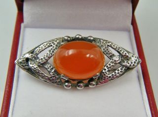 A Vintage Arts & Craft Style Carnelian Set Planished Silver Brooch.  Signed.