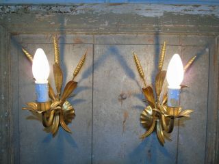 French A Tole Metal Gold Wall Light Sconces Vintage