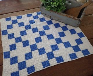 Antique Farmhouse Blue & White Nine Patch Table Doll Quilt Runner 24x20