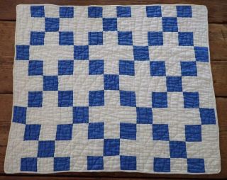 Antique Farmhouse Blue & White Nine Patch Table Doll Quilt RUNNER 24x20 2