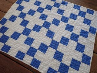 Antique Farmhouse Blue & White Nine Patch Table Doll Quilt RUNNER 24x20 3