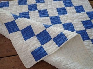 Antique Farmhouse Blue & White Nine Patch Table Doll Quilt RUNNER 24x20 4