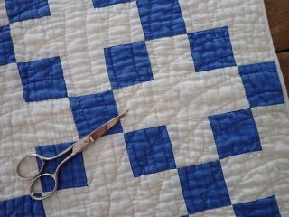 Antique Farmhouse Blue & White Nine Patch Table Doll Quilt RUNNER 24x20 6