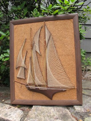Vintage 1960s Mid - Century Modern Sail Boat String Framed 11x17 Wall Art