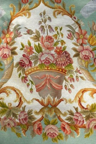 Estate Floral In Cartouche Petit Point Needlepoint Set For Chair Seat & Back