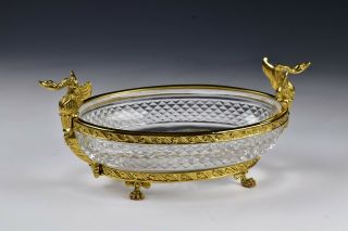 French Crystal Footed Console Bowl With Gilt Ormolu Mounts & Geese / Swans