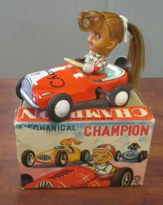 Vtg Kanto Wind - Up Tin Litho Champion Girl Racer Race Car Japan Orig Box