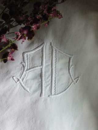 Lovely Antique French Linen Sheet with Monogram A D circa 1920 Art Deco 2