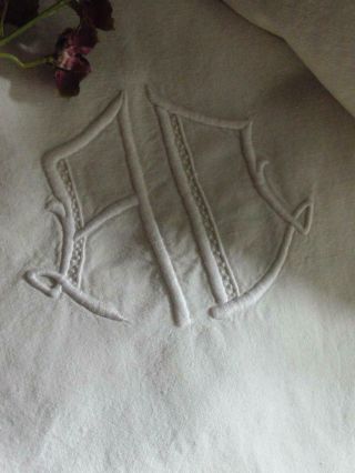 Lovely Antique French Linen Sheet with Monogram A D circa 1920 Art Deco 3