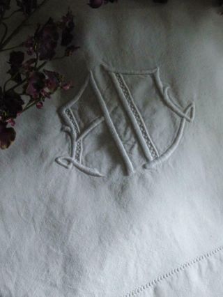 Lovely Antique French Linen Sheet with Monogram A D circa 1920 Art Deco 6