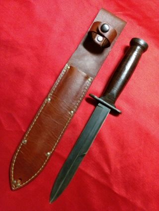 Wwii Us M3 Trench Fighting Knife & Leather Scabbard Case Smooth Handle