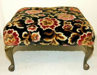 Vintage Footstool Ottoman With Brass Legs,  Floral Needlepoint,  15.  5 X 15.  5 X 9.  5