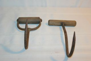 Antique Vintage Set 2 Cast Iron Wood Handle Primitive Hay Hooks Farm Decor 6