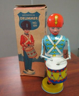 Vintage J.  Chein Tin Litho Wind Up Mechanical Drummer No.  109 With Box