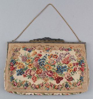 Antique Very Fine Petit Point Embroidered Flowers Purse Pocketbook