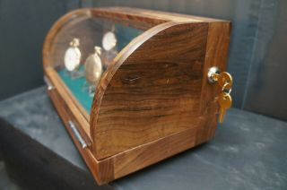 Curved glass front opening walnut pocket watch display case 7