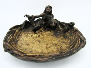 Antique Franz Bergman Bronze Dish With Nymph Woman Riding Merman Monster