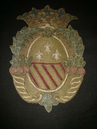 Rare Antique Heraldic Noble Crest Emblem Bullion Embroidered Gold Silver Royal