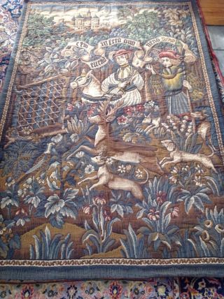 Rare Huge Antiques 1920 German Tapestry Wall Hanger Deer Hunt