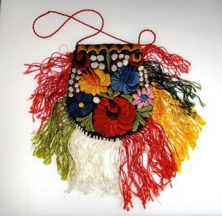 Vintage Traditional Hungarian Matyo Silk Floral Embroidery Purse Double Sided