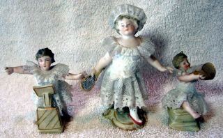 A Set Of 6 Antique German Bisque Porcelain Lace Band Playing Figurine 2