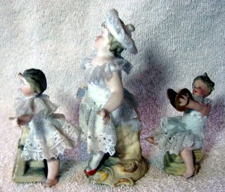 A Set Of 6 Antique German Bisque Porcelain Lace Band Playing Figurine 5