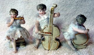 A Set Of 6 Antique German Bisque Porcelain Lace Band Playing Figurine 7