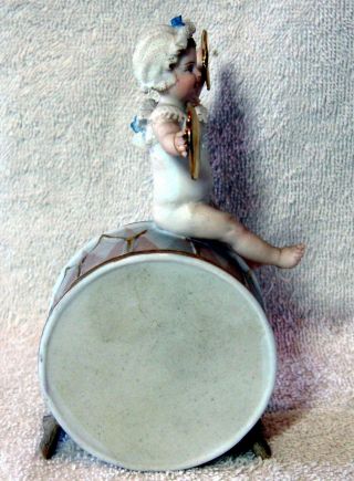 A Antique German Bisque Porcelain Lace Child Seated On Drum Figurine 2