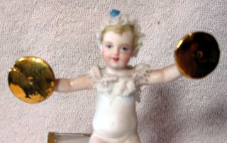 A Antique German Bisque Porcelain Lace Child Seated On Drum Figurine 5