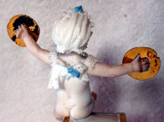 A Antique German Bisque Porcelain Lace Child Seated On Drum Figurine 6