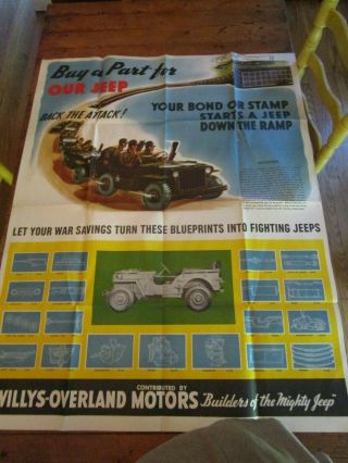 World War Ii Us War Bond Poster Willys Overland Jeep Parts 45 " X 35 "