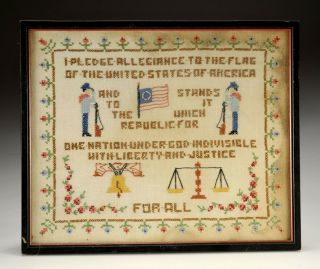 19th C Needlepoint Embroidered Sampler " Pledge Of Allegiance " 1892 - 13 Star Flag