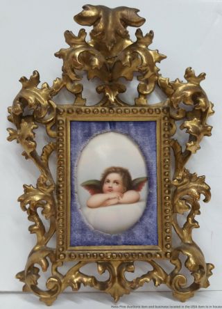 Gorgeous Antique German Italian Raphael Cherub Hp Porcelain Plaque Fancy Frame