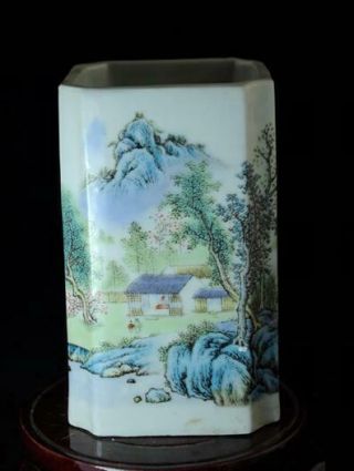 Chinese Old Hand - Made Pastel Porcelain Hand Painted Landscape Brush Pot B02