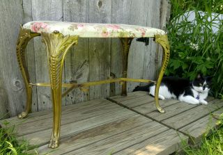 Antique Vtg Art Deco Gold Piano Vanity Bench Cast Iron Legs Floral Upholstery