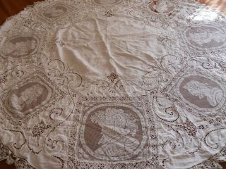 Vintage Antique Linen Figural Lace Tablecloth Cutter 7 - 9