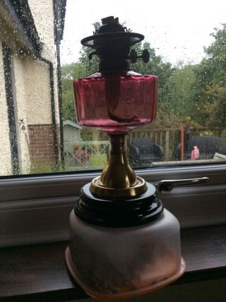 Good Victorian Cranberry Oil Lamp Double Burner Basalt And Brass Base C1870 15”